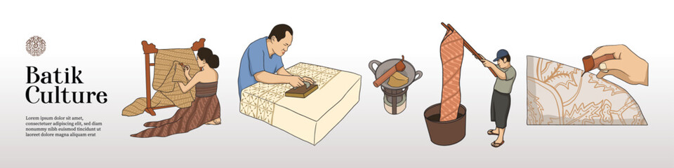 Isolated Batik Illustration vector with people doing batik activities. Hand drawn Indonesian cultures background. 