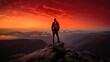© Gelpi - The man atop the red mountain gazed at the setting sun and orange clouds with a backpack. Serenity abounds. Generative AI