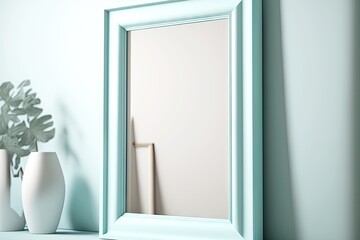 Canvas Print - Gentle blue picture frame mockup leaning against pastel blue wall, created with generative ai