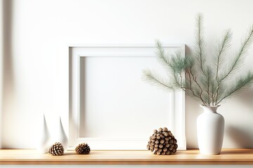 Canvas Print - Beautiful installation with picture frame mockup and pine cones and branches, created with generative ai