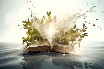 A Bible book showing the origin of life exploding with water and vegetation Generative AI Illustration