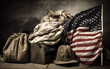 Poverty in the USA, the concept of social problems. Packed bags and personal belongings with the American flag, illustrating the journey of immigrants.
