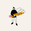 Girl with a large Pencil. Young person holding big pencil. Cute funny isolated character. Cartoon style. Hand drawn Vector illustration. Drawing, writing, creating, design, blogging concept