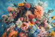 © ADDICTIVE STOCK - View of young woman hidden behind bright blossoming flowers and looking at camera. Generative AI