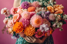 Crop Anonymous Person Demonstrating Bunch Of Colorful Flowers Against Pink Background. Generative AI
