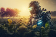 © ADDICTIVE STOCK - Generative AI illustration of fantasy cyborg working on agricultural field in sunset light