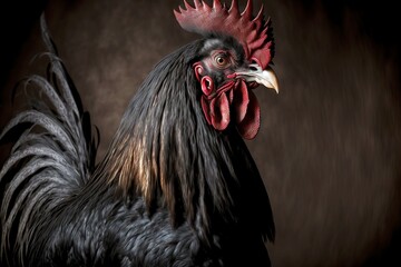 Wall Mural - Black large rooster on dark background rooster portrait, created with generative ai