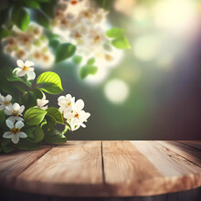 Spring Flowers. Sakura And Wooden Background. White Flowers Are Blooming. Banner. AI Generated