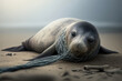 © ADDICTIVE STOCK - Generative AI illustration of big seal with rope on neck lying on sand representing concept of environmental pollution