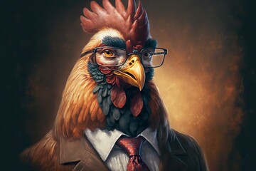 Wall Mural - Smart rooster portrait in glasses and suit on dark brown background, created with generative ai