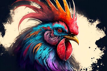 Wall Mural - Bright color rooster portrait with large red crest, created with generative ai