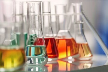 Wall Mural - Laboratory glassware, lab flasks with colorful liquid, close up view. Chemistry lab glass tubes. Generative AI