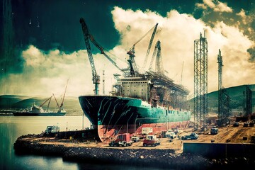 Wall Mural - Large cargo ship under repair in port on land shipbuilding, created with generative ai