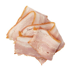 Wall Mural - pieces of raw smoked bacon isolated, streaky brisket slices, fresh thin sliced bacon on white background