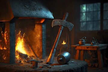 Canvas Print - Blacksmith shop with antique anvil and hammer and burning furnace, created with generative ai