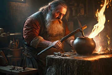 Canvas Print - Blacksmith with long beard working on anvil with metal in his forge, created with generative ai