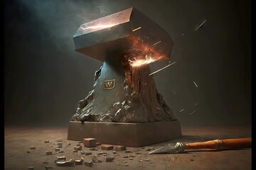 Poster - Beautiful vintage T-shaped anvils with engraving and small hammer, created with generative ai