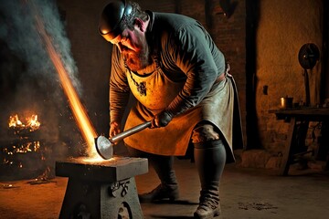 Canvas Print - Blacksmith works with metal on anvil and sparks fly to sides, created with generative ai