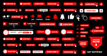 Set Of Big Mega Collection Youtube Subscribe Button With Hand Click Icon. Subscribe, Bell Button And Hand Cursor Bundle. Red Button Subscribe To Channel, Blog. Social Media Background.