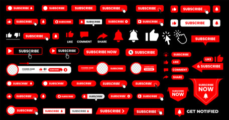 set of big mega collection youtube Subscribe button with hand click icon. Subscribe, bell button and hand cursor bundle. Red button subscribe to channel, blog. Social media background.