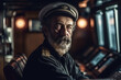 portrait of an old sailor captain of ship in uniform in control room. Generative AI