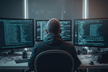 Back view of man coding, programming, developing software to protect from cyber attacks, working late at office in front of multiple monitors of pc. Network security and privacy crime. Generative Ai
