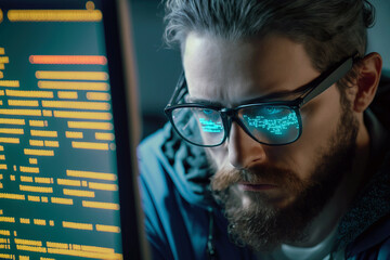 Closeup of computer engineer at work, symbols of programming code reflecting on his glasses, looking at screen with serious concentrated face, developing software for cyber security. Generative AI