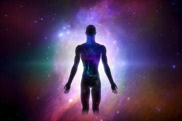 Wall Mural - Astral body silhouette with abstract space background. Esoteric, spiritual life and meditation concept. Afterlife and connection with other worlds