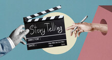 Story Telling Text Title On Film Slate Or Movie Clapper Board For Filmmaker And Film Industry. Abstract Art Collage.	