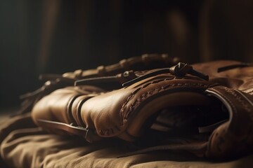  a baseball glove is laying on a pillow on a bed.  generative ai