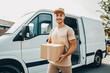 Courier preparing a shipment next to a van. Generative AI