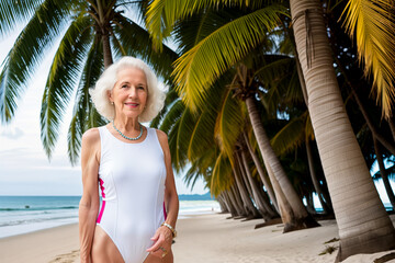 Portrait of a beautiful cute old grandmother with white gray hair in a one piece light white swimsuit on a sunny day on a sea beach with palm trees. Generative AI.