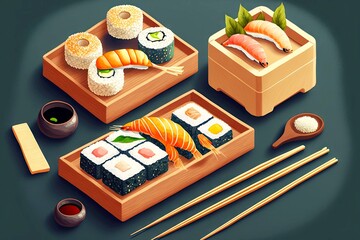 Poster - Sushi set of assorted sashimi rolls and sushi with sticks on tray, created with generative ai