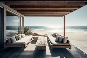 Wall Mural - Modern Beach House Lounge with Ocean View, Generative AI