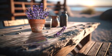  Lavender Flowers On Wooden Table At Sunny Sandy Beach Seascape ,summer Holiday Vacation And Leisure