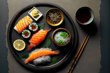 Sticker - Light Japanese snack for dinner sushi set with fish and rice, created with generative ai