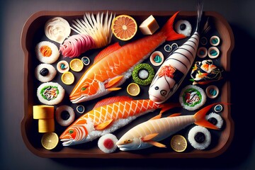 Poster - Dinner at sushi set Japanese restaurant with seafood and rice, created with generative ai