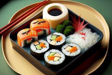 Sticker - Delivery of Japanese food sushi set of sashimi rolls, created with generative ai