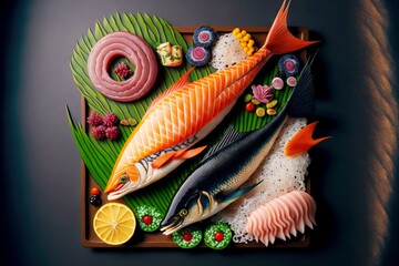 Poster - Sushi set of traditional Japanese dishes of sashimi rolls and sushi, created with generative ai