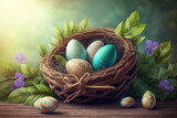 Fototapeta Desenie - Easter season banner with green nature bokeh background. Colorful decorated eggs in wicker basket. 