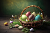 Fototapeta Desenie - Easter eggs in basket on wooden table