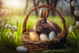Fototapeta Desenie - Easter eggs in basket with easter bunny on top. Chocolate rabbit with colorful decorated eggs in wicker basket in grass.