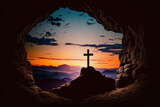 Fototapeta Desenie - Silhouette of crucifix cross on mountain at sunset sky background