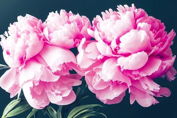 Poster - Large pink peony flowers on branch on dark background, created with generative ai