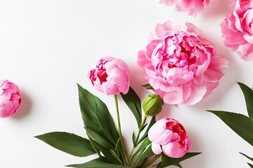 Poster - Still life bouquet of pink peonies with foliage on white background, created with generative ai