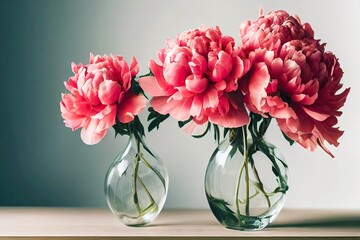 Poster - Lush peonies flowers in transparent vase on wooden table, created with generative ai