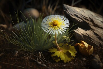 Wall Mural - dandelion flower on forest floor surrounded by pine needles, created with generative ai