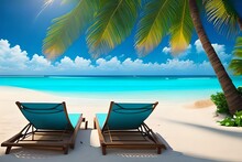 Beautiful Tropical Beach With White Sand And Two Sun Loungers On Background Of Turquoise Ocean And Blue Sky With Clouds. Frame Of Palm Leaves And Flowers. Perfect Landscape For Relaxing Vacation 