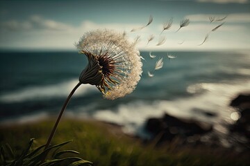 Poster - dandelion blowing in the wind, with a view of the ocean in the background, created with generative ai