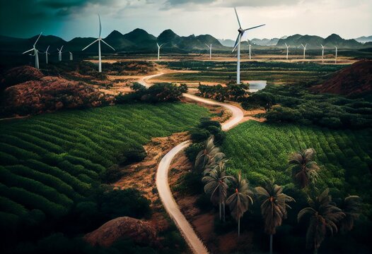 landscape with turbine green energy electricity, windmill for electric power production, wind turbin